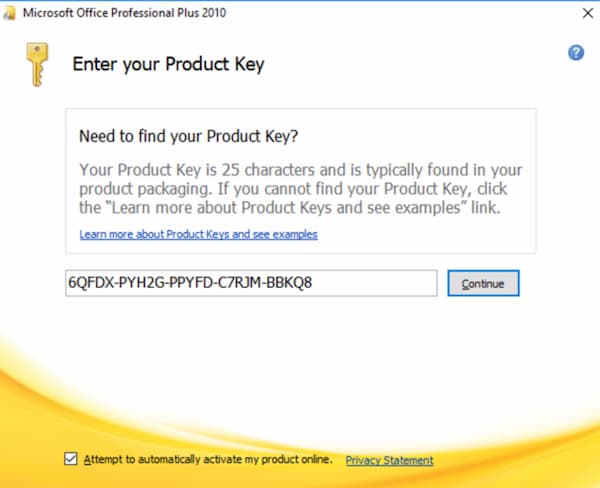 Nhập Office 2010 product key vào trong mục Continue