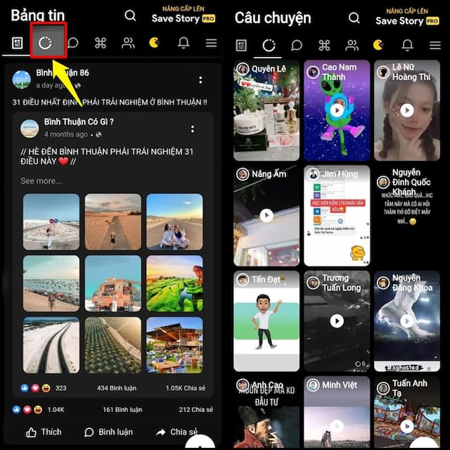 Bấm vào biểu tượng Stories