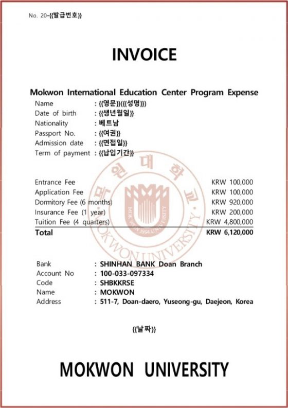 Invoice của trường Đại học Mokwon